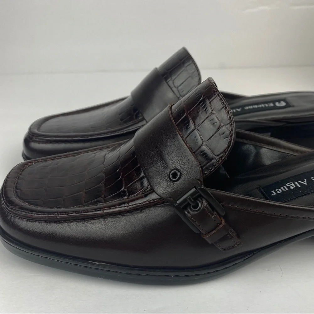 Etienne Aigner Dark Brown Croc-Embossed Leather Mule Loafers